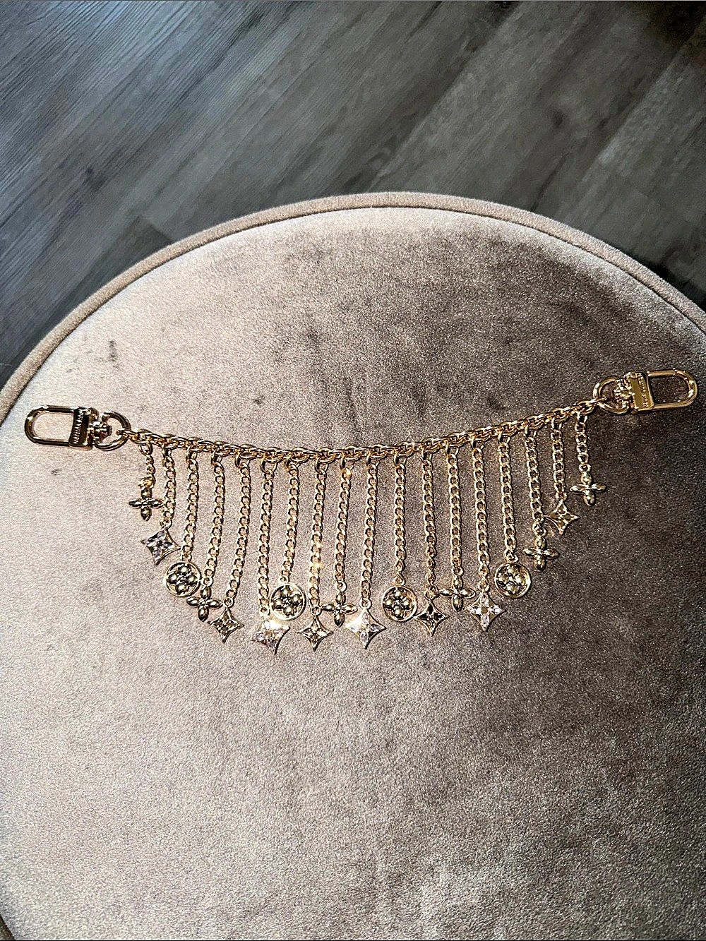 Louis Vuitton Gold Layered Chain Purse Bag Charm Chain Rhinestone